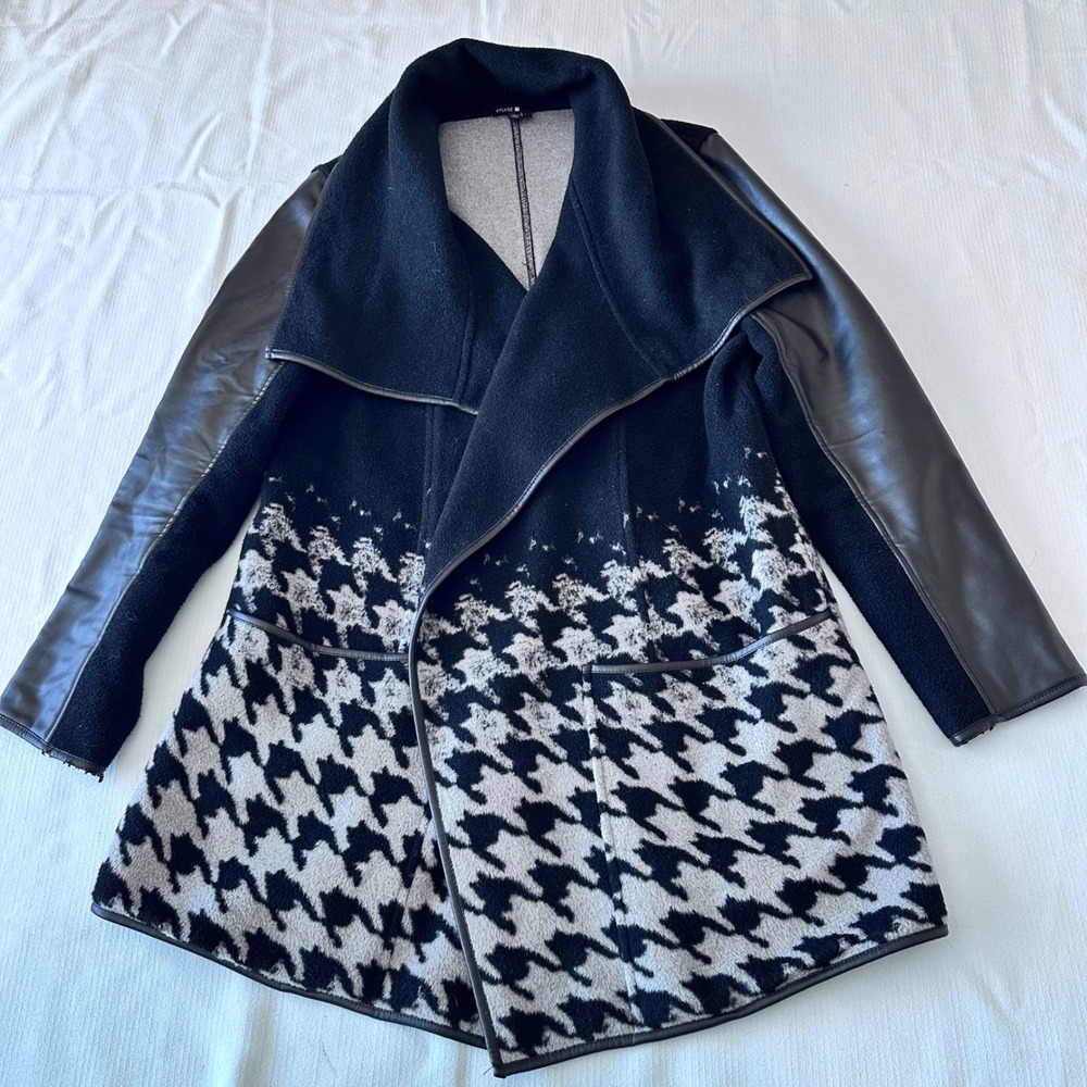 BYLYSE Womens M Houndstooth Faux Leather Sleeve Drape‎ Collar Jacket M